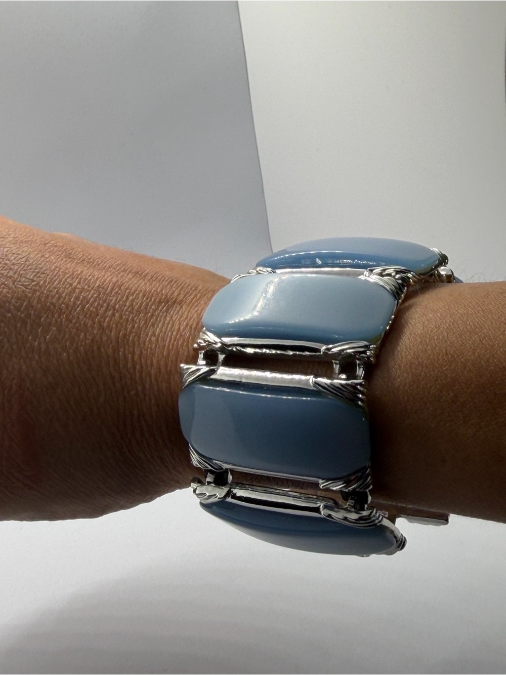 Vintage Blue Thermoset Panel Bracelet Silver Tone Mid Century